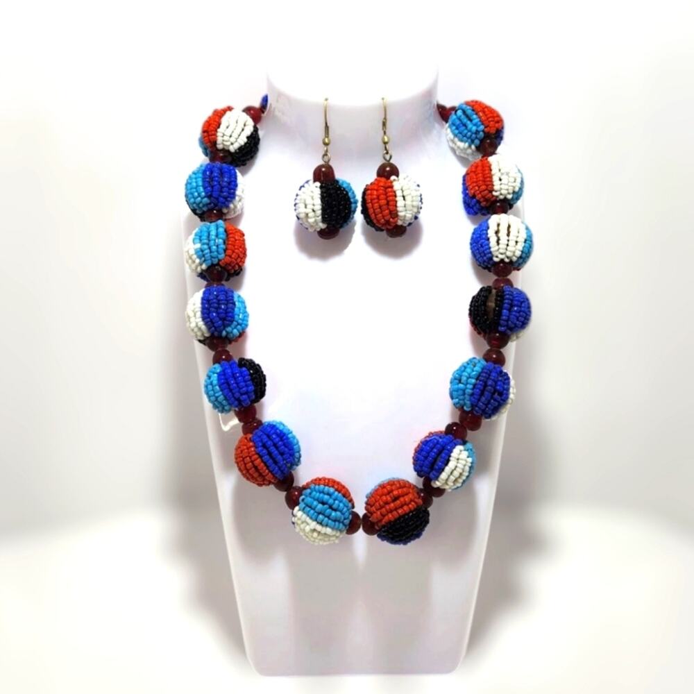 Striped Seed Bead Ball Multicolor Necklace and Earring Set